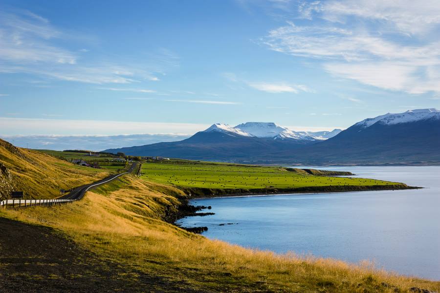  This is the main highway circling Iceland’s majestic beauty. The snow-capped mountains are a welcome site as you drive towards the island’s second most-populated city, Akureyi.