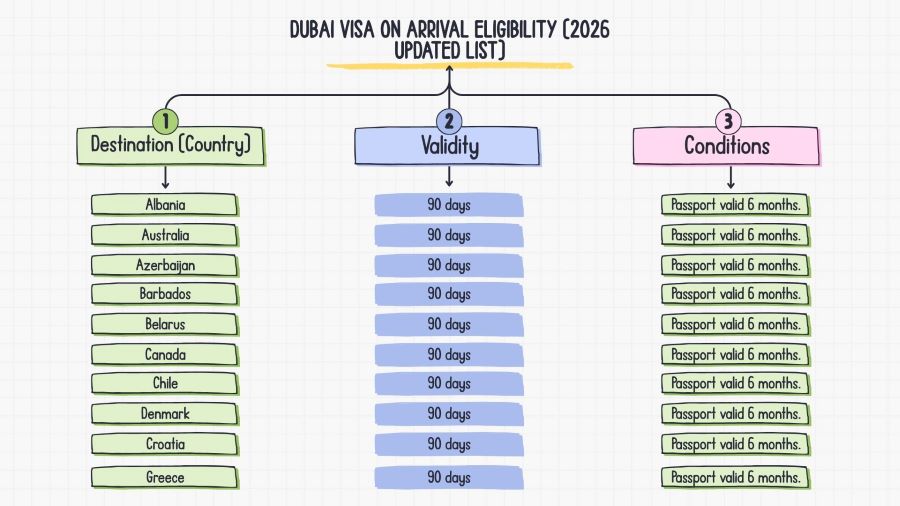 Dubai visa on arival list of country for 90 days