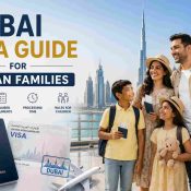 Indian family travelling to Dubai with passports and luggage, illustrating a Dubai visa guide for Indian families.