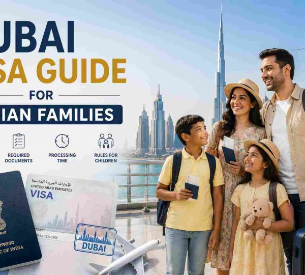 Indian family travelling to Dubai with passports and luggage, illustrating a Dubai visa guide for Indian families.