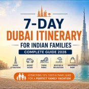 7-day Dubai itinerary for Indian families featuring the Burj Khalifa, Dubai skyline, beaches, desert safari, theme parks and shopping