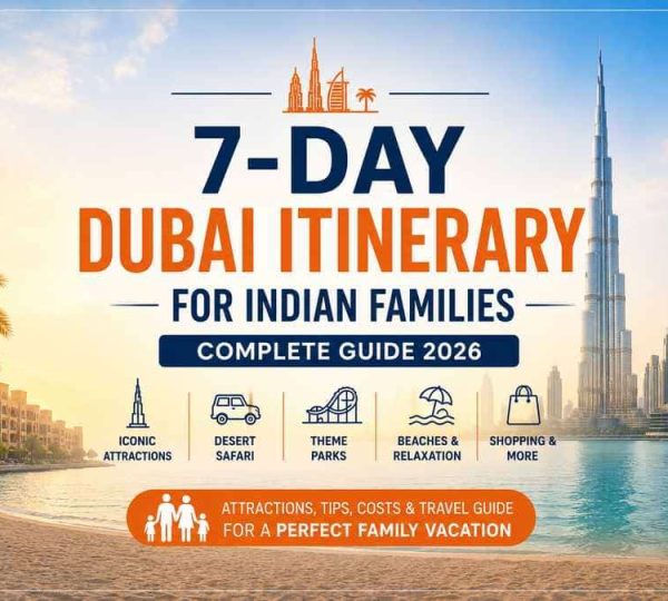 7-day Dubai itinerary for Indian families featuring the Burj Khalifa, Dubai skyline, beaches, desert safari, theme parks and shopping