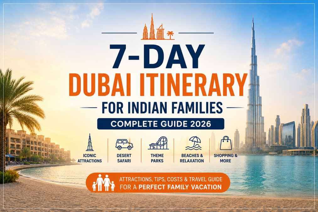 7-day Dubai itinerary for Indian families featuring the Burj Khalifa, Dubai skyline, beaches, desert safari, theme parks and shopping